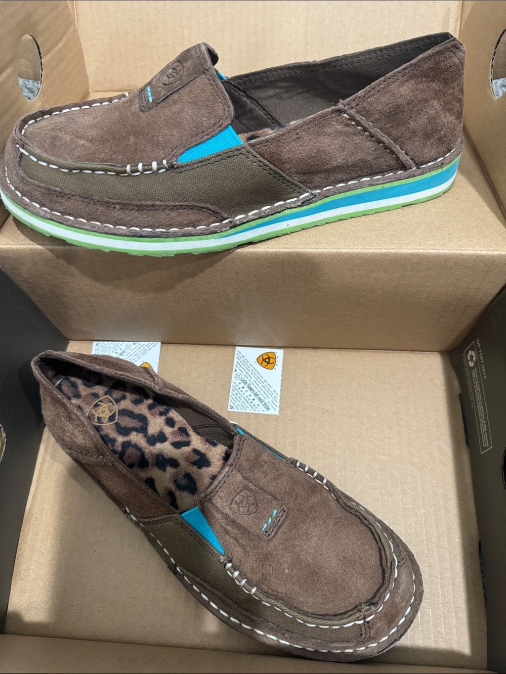Ariat Brown Suede Slip-On Loafer with Turquoise and Lime Accents